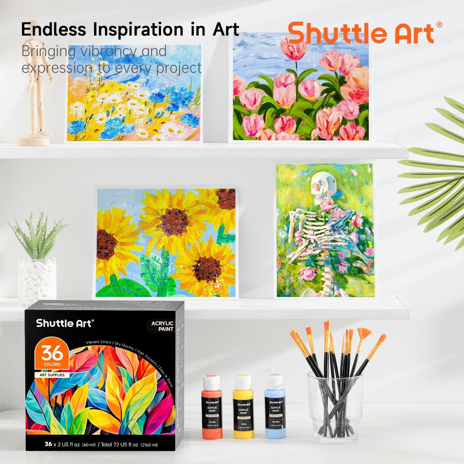 Shuttle Art Acrylic Paint. 36 Colors Acrylic Paint Set with Brushes & Palette. 2oz/60ml Bottles. Rich Pigments Non-toxic for Artists Kids & Adults. Painting on Canvas Rocks Ceramic Wood - Image 8